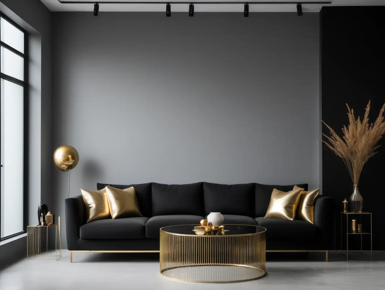 Commercial Photography, modern minimalist living room interior with  black sofa and grey wall and golden