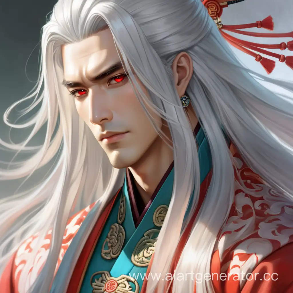 Красивый мужчина с длинными белыми волосами и традиционной китайской одежды молодой с красными глазами 