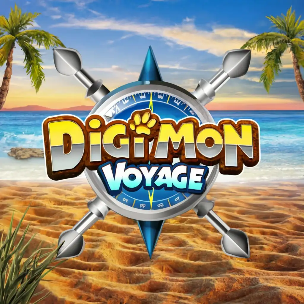 a logo design,with the text 'Digimon voyage' , main symbol:compass in the O having a beach background with paw prints in the sand, Moderate, cartoon  background