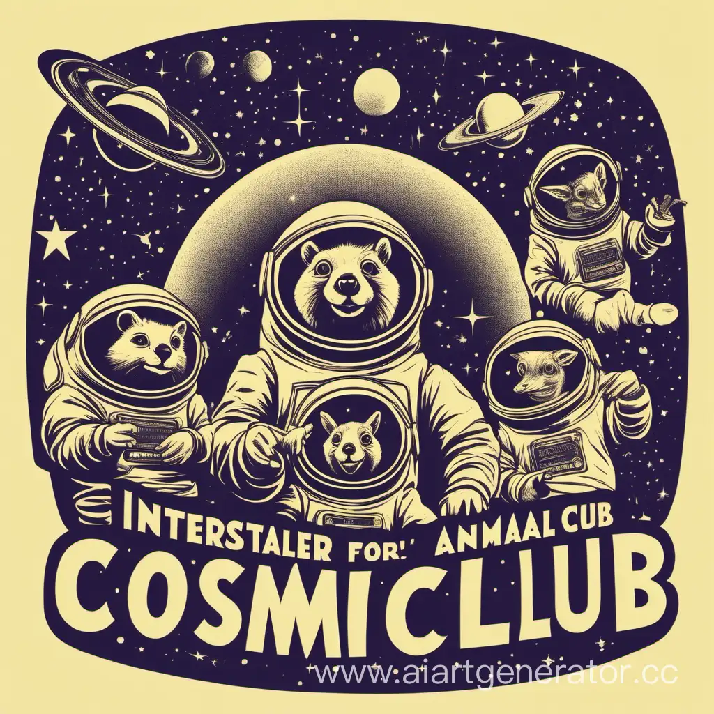 "Create a vintage-style T-shirt illustration depicting a cosmic comedy club for interstellar animals. Picture them as the audience and performers, exchanging cosmic jokes and enjoying a good laugh