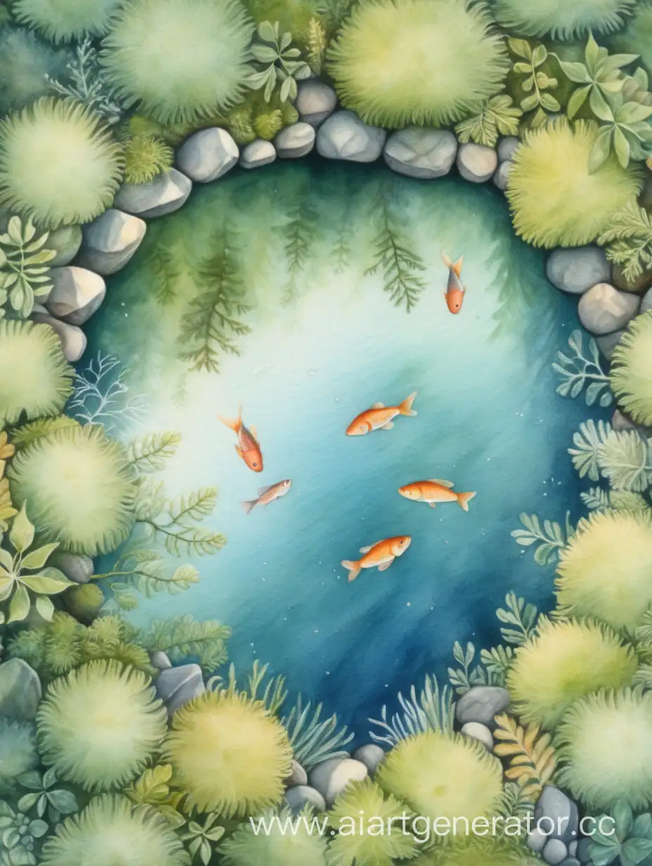 Ультра-детализация, мягкая акварель, яркая акварель, круглое озеро, рыбы, лес, мох, вид сверху, круглый водоем, вода, сверху целиком