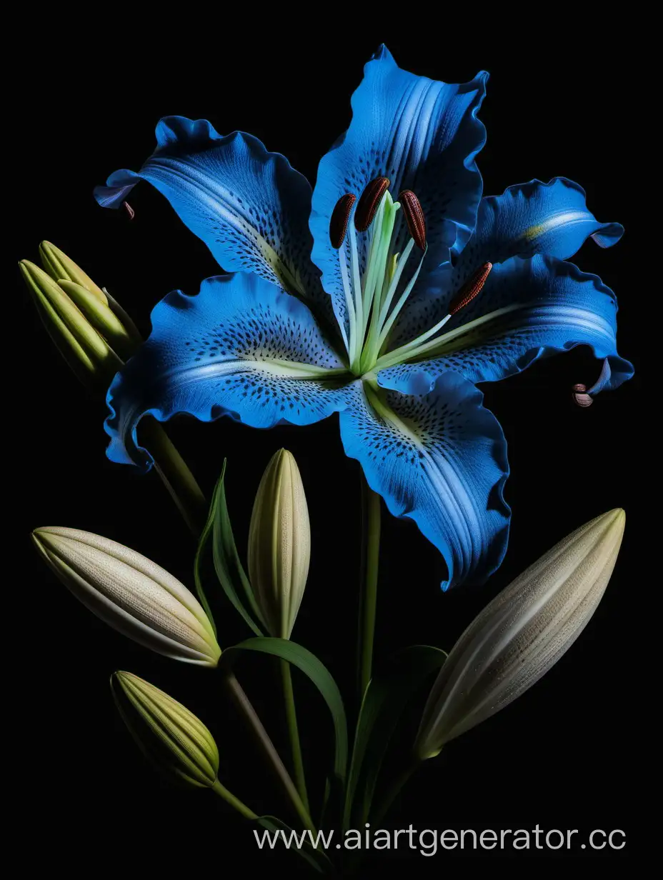 Botanical wild blue Lily flower on black background