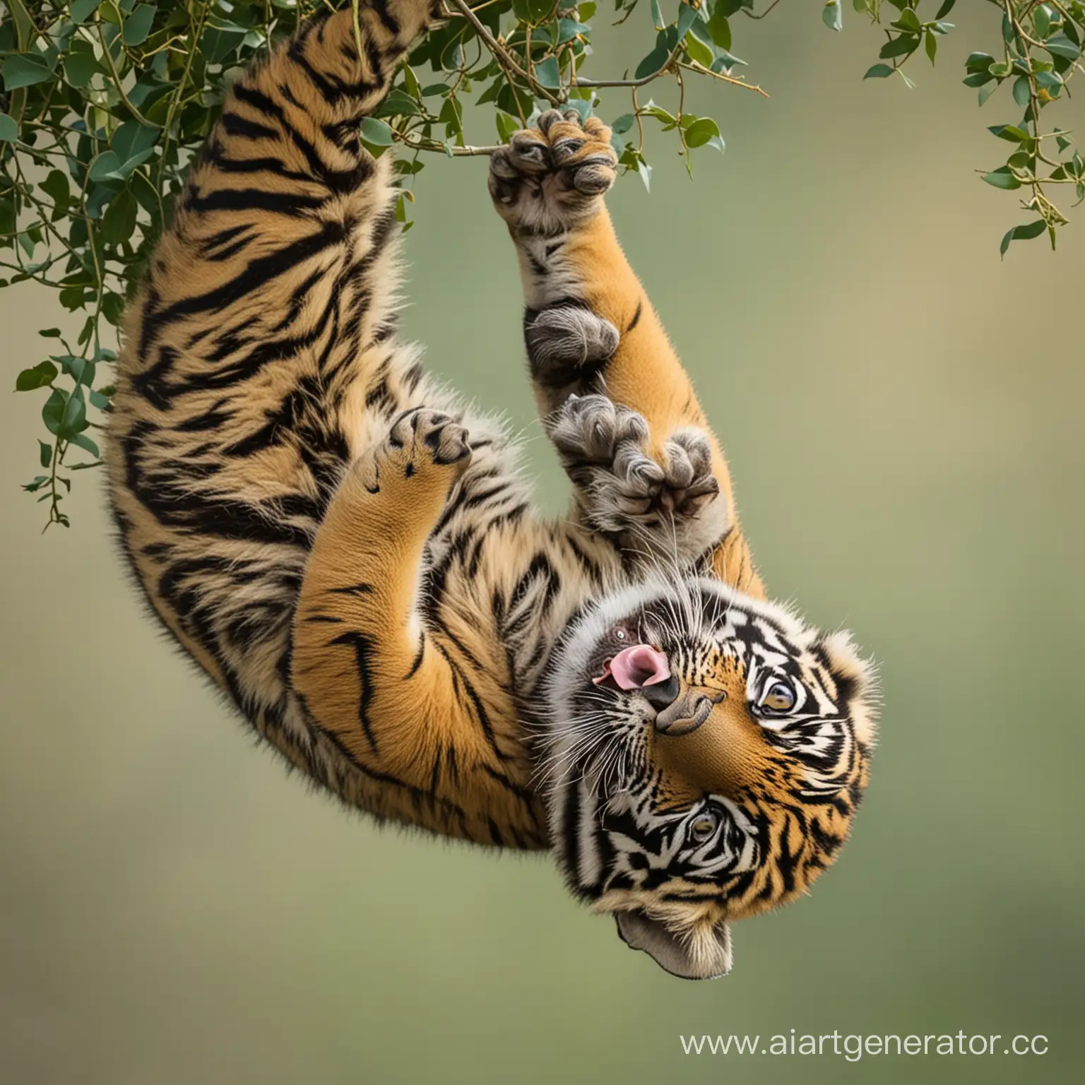 Adorable-Tiger-Cub-Entangled-in-Vine-Hanging-Upside-Down