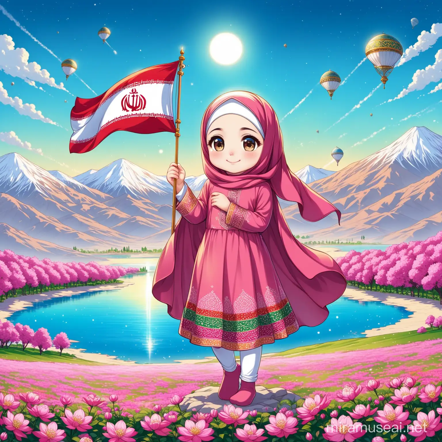 Persian Little Girl Smiling by Damavand Mountain with Iranian Flag and Pink Flowers