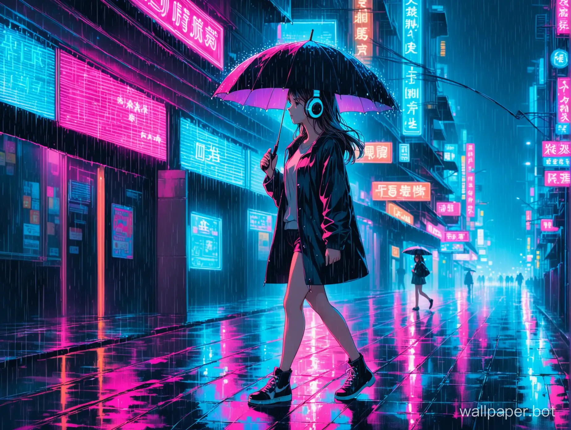 Girl with headphones walking the rainy street with an umbrella at nighttime city blue neon lights side view