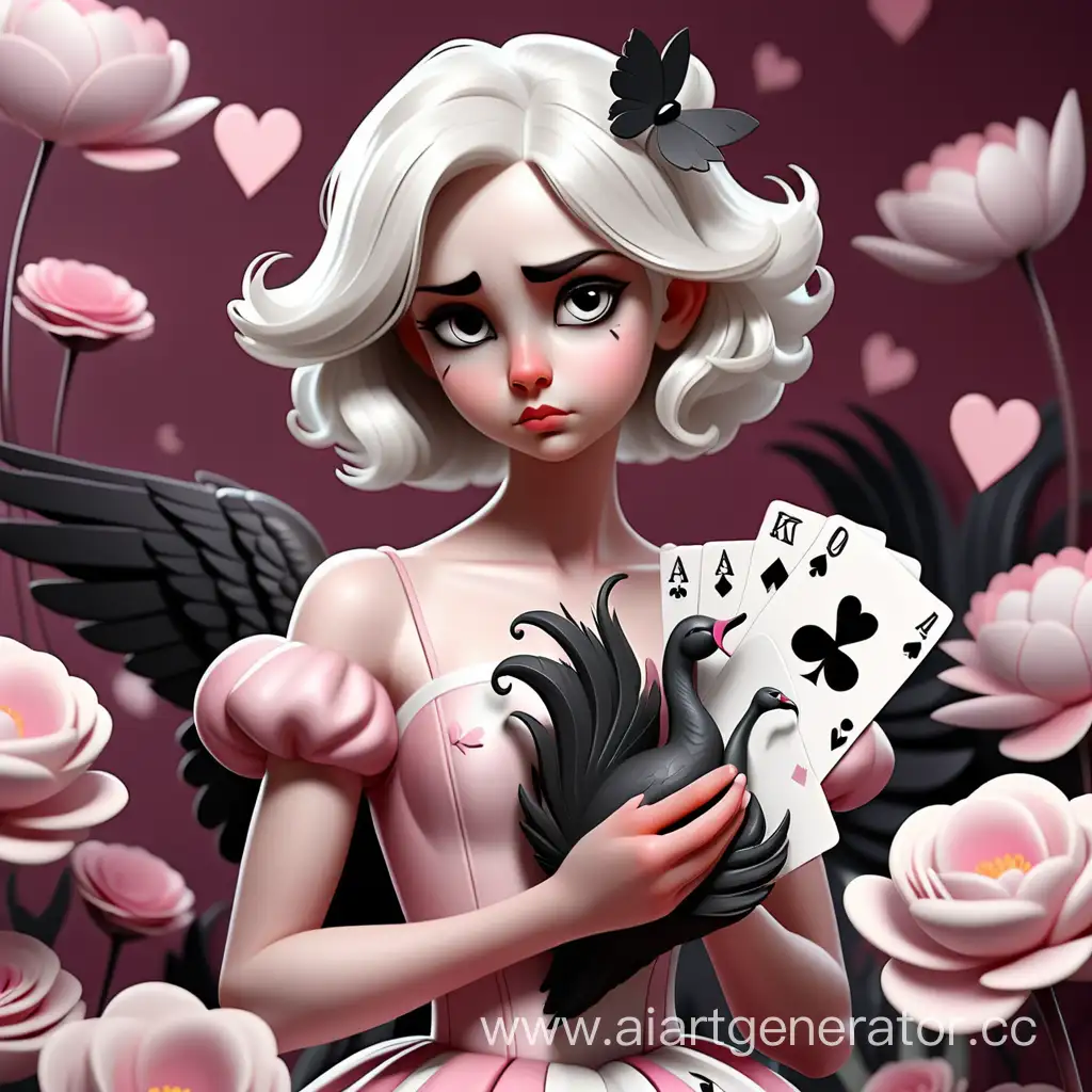 девушка купидон с белыми волосами стоит с задумчивым видом в розово белом платье она держит игральную карту в руках на карте нарисован черный лебедь она стоит на фоне розовых цветов