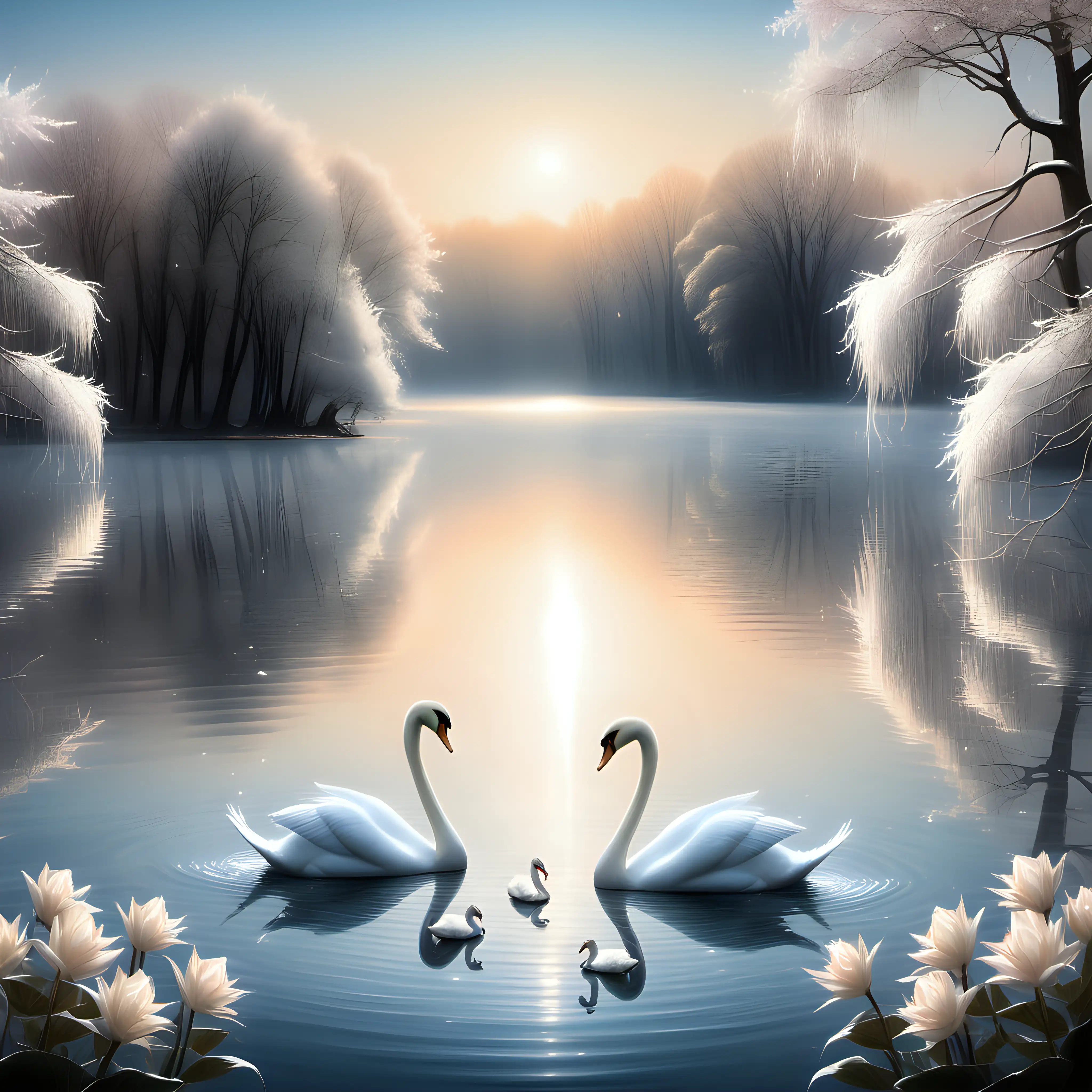 Serene Scene Glistening Lake with Graceful Swans
