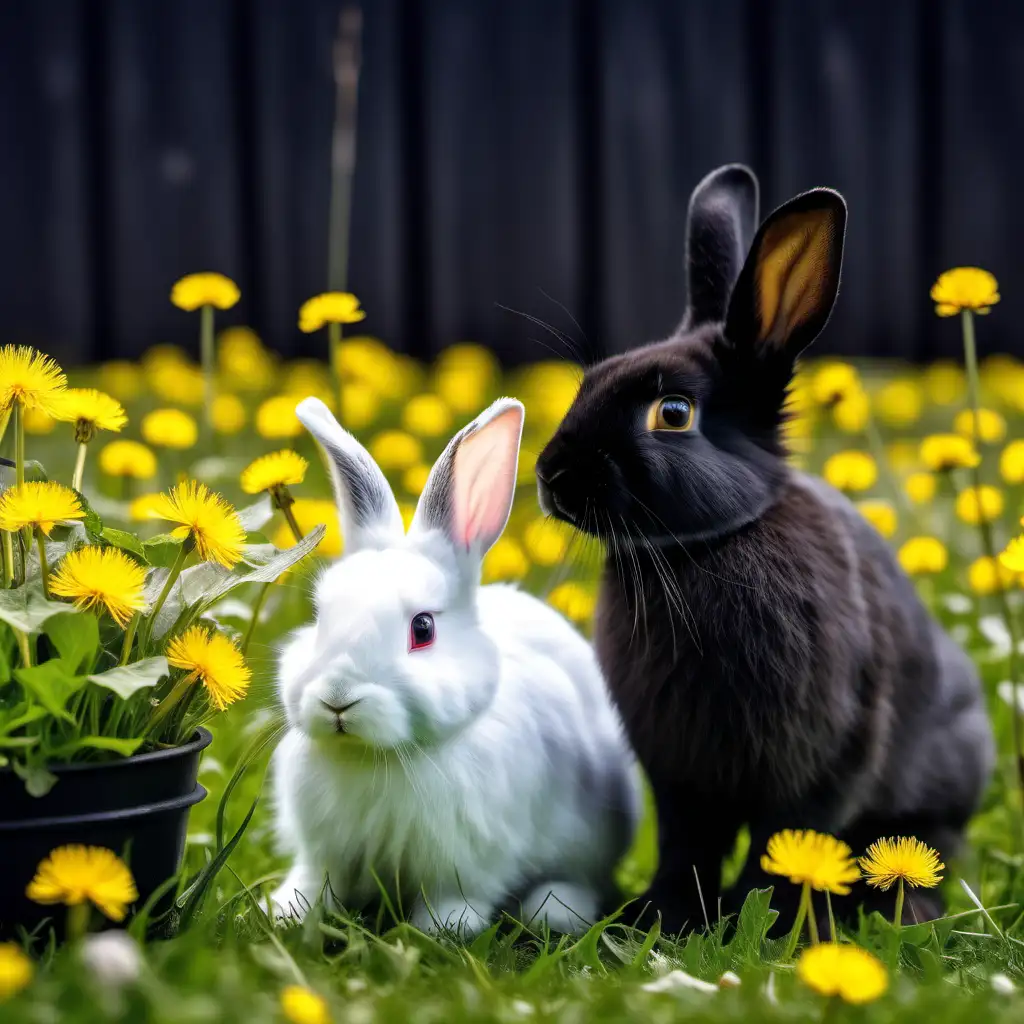 Adorable White Dwarf Rabbit and Black Barn Hare Amidst Dandelion Meadow
