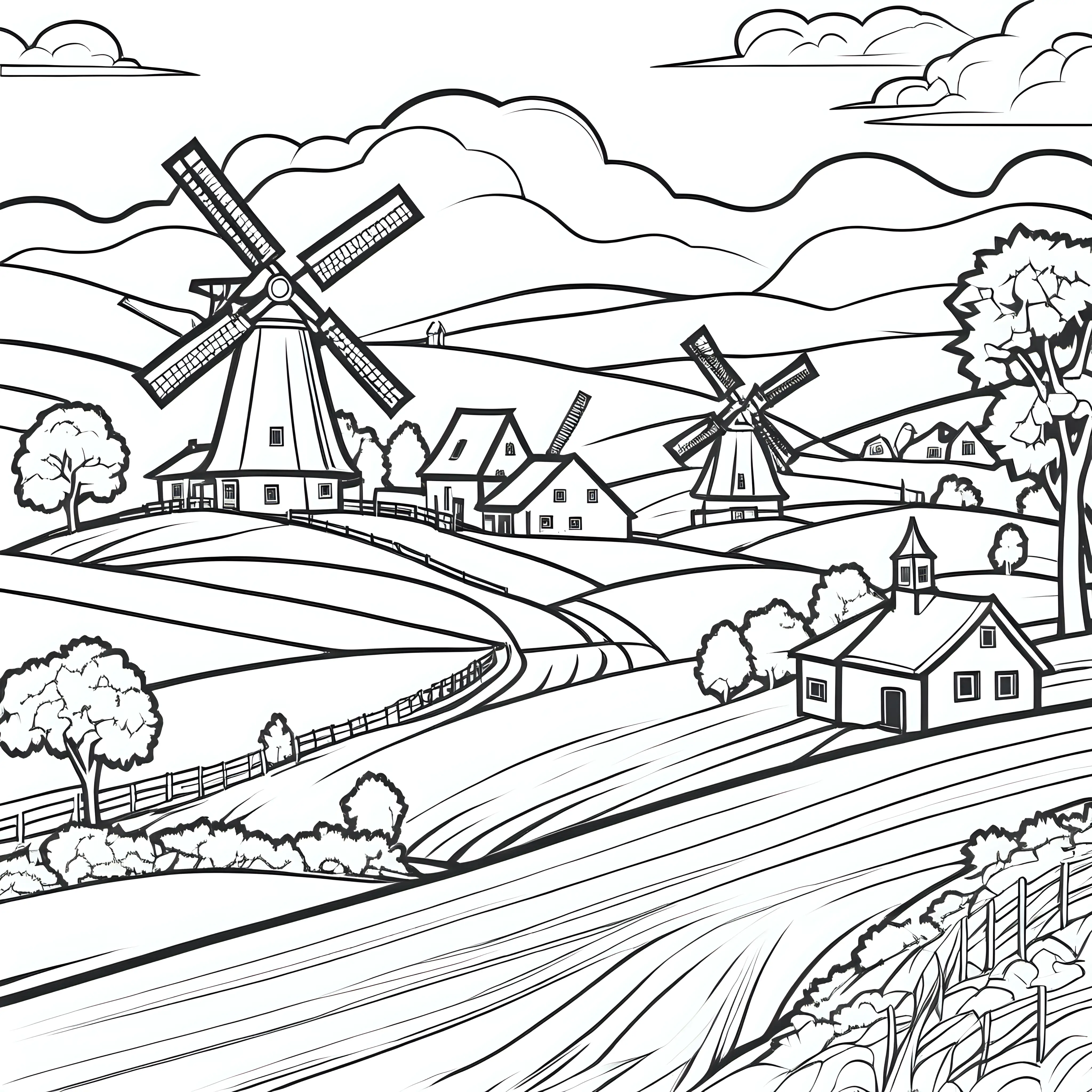 German countryside with windmills coloring page 