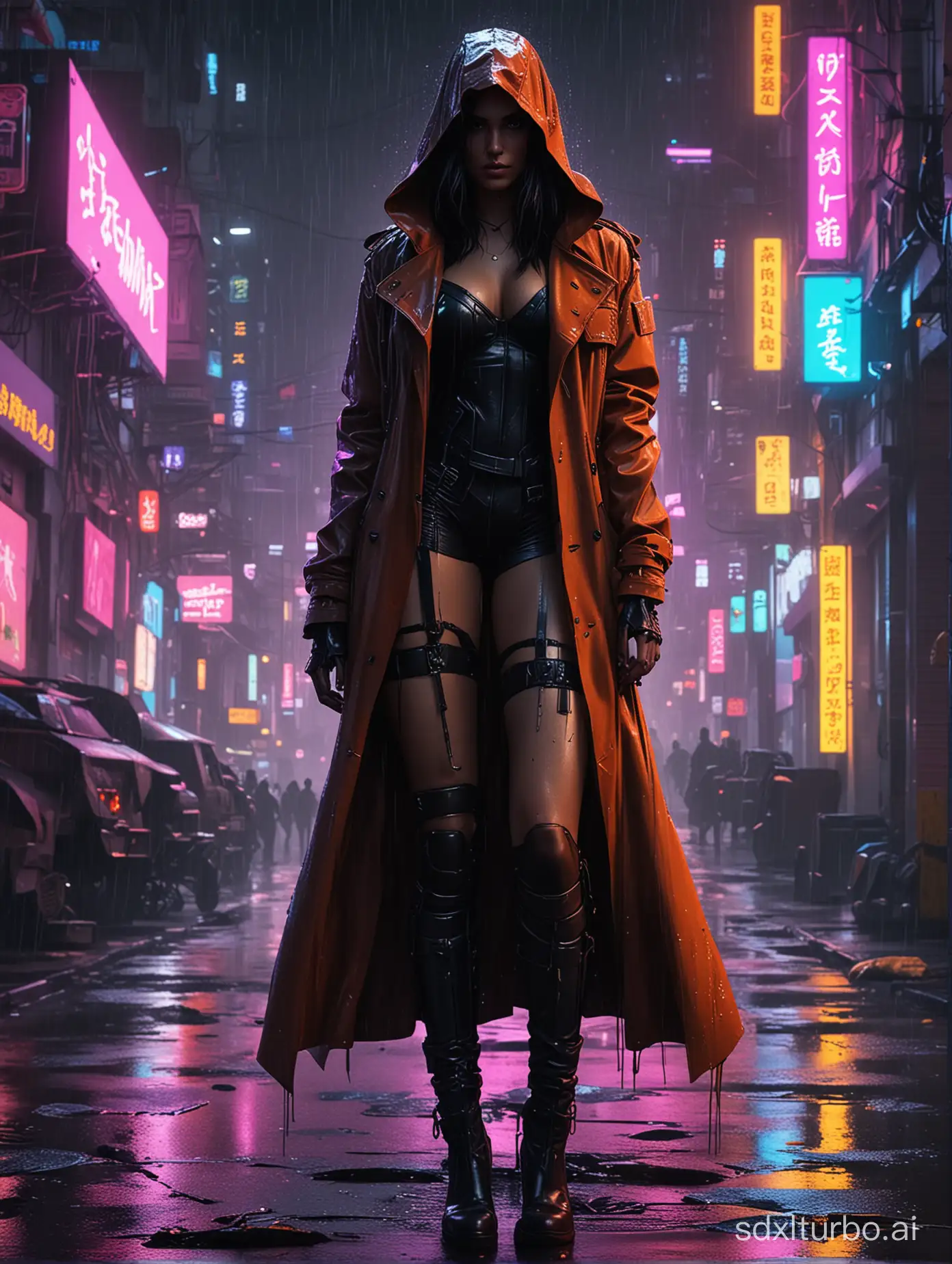 photorealistic cyberpunk city at night, bright neon lights, trash littering the streets, shadowed muscley female character silhouette with long trench coat and hood standing in the middle of a wet street, intense vivid colors