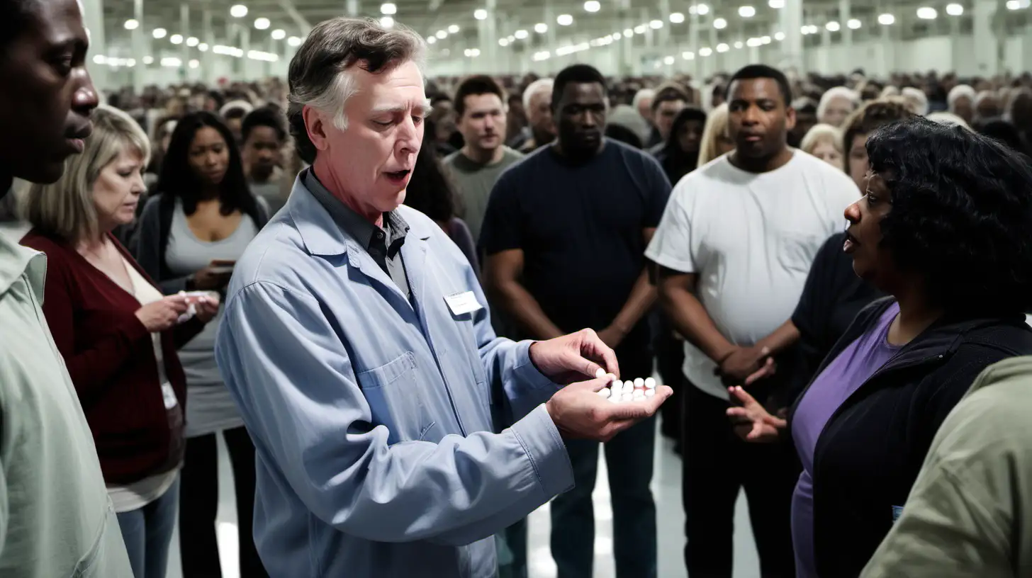 a government white man handing people a pill while standing in a long line inside a big facility. Some people are swallowing them and some are not swallowing them.