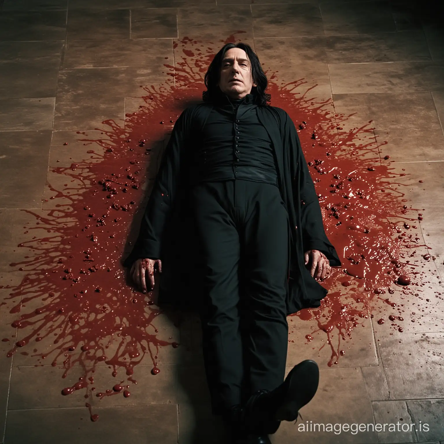 Severus Snape lying dead on the floor, covered in his own blood.