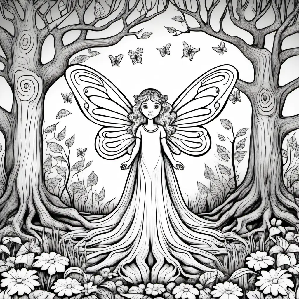 Whimsical Fairy Coloring Page for Kids in Enchanted Garden