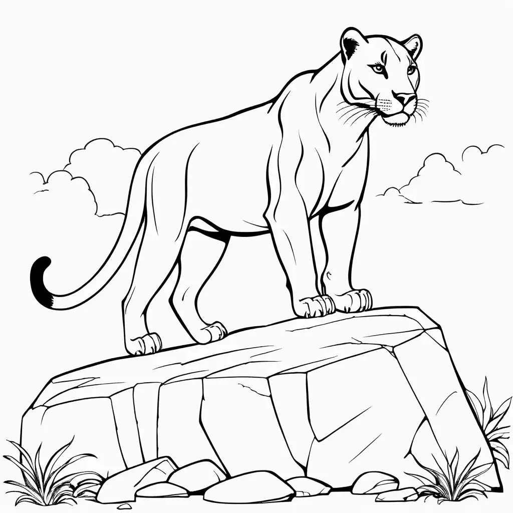 simple coloring book image of panther standing on rock