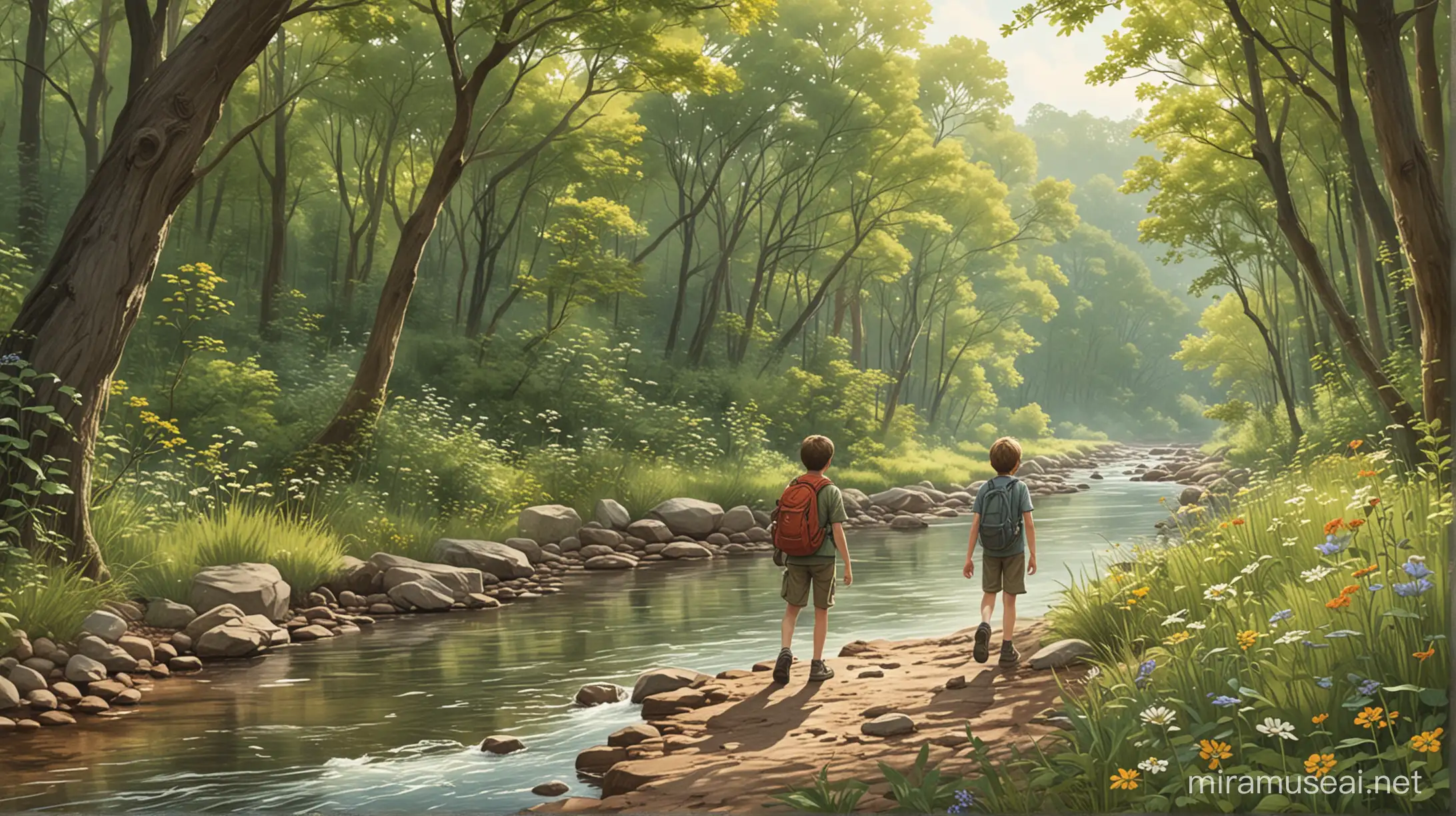 Could you please generate illustrations/photos to accompany a story about a boy named Tom who goes on a nature hike with his mother? The story emphasizes the beauty and importance of nature, with scenes including trees, flowers, insects, a river, and the boy's exploration and learning experiences