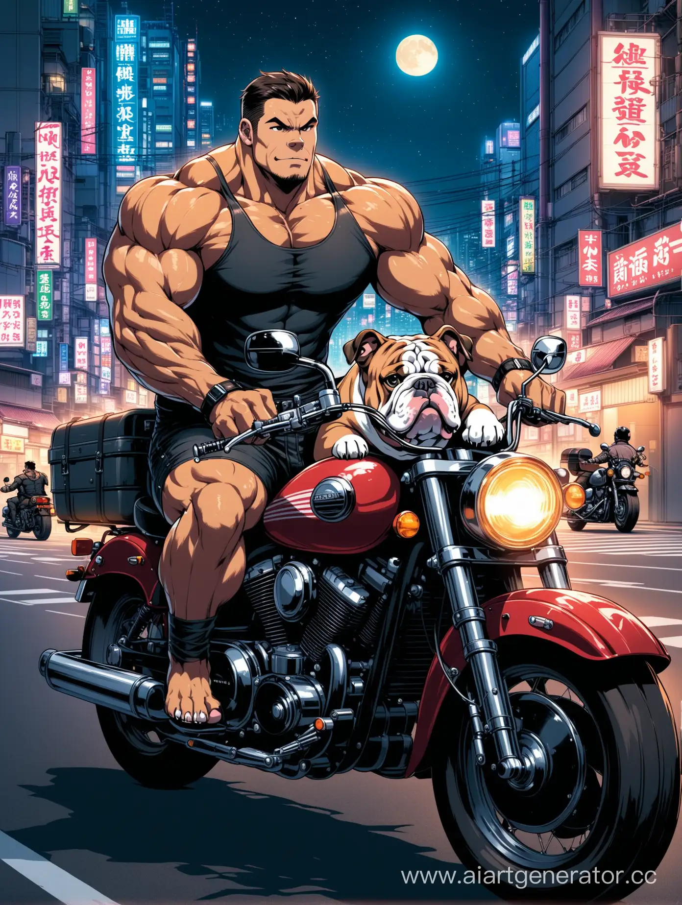  мужчина накаченный на мотоцикле с бульдогом на прицепе едет по ночному городу токио