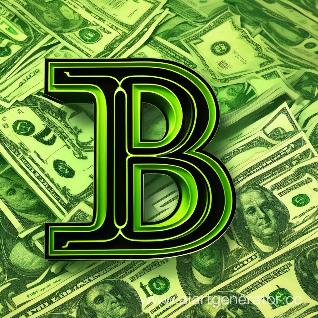 Черная Латинская Буква B. кислотно-зеленная, тонкая обводка буквы по граням. Расположена вертикально. По центру. на фоне денег. 2D 
