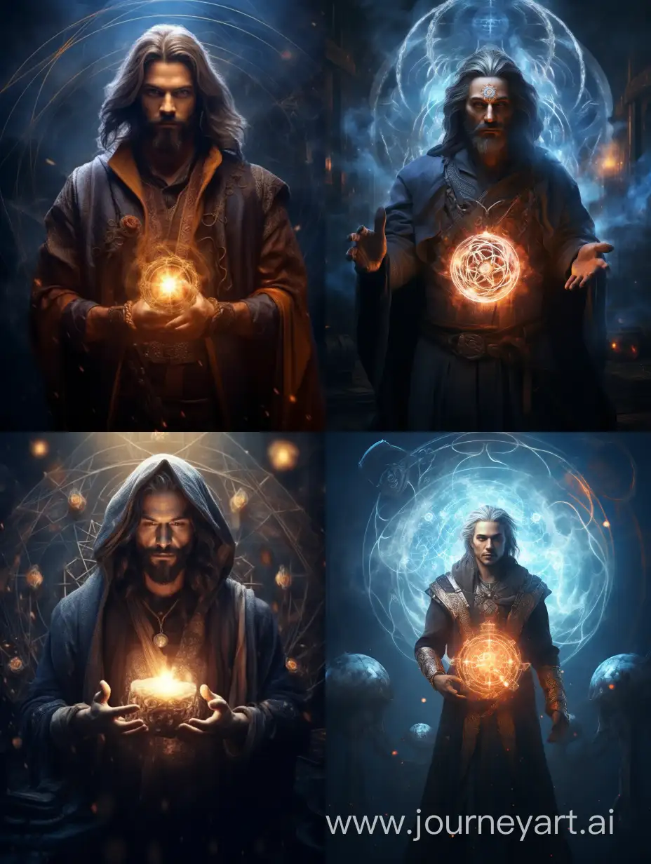 esoteric sorcerer with symbols in the light, magic is inside