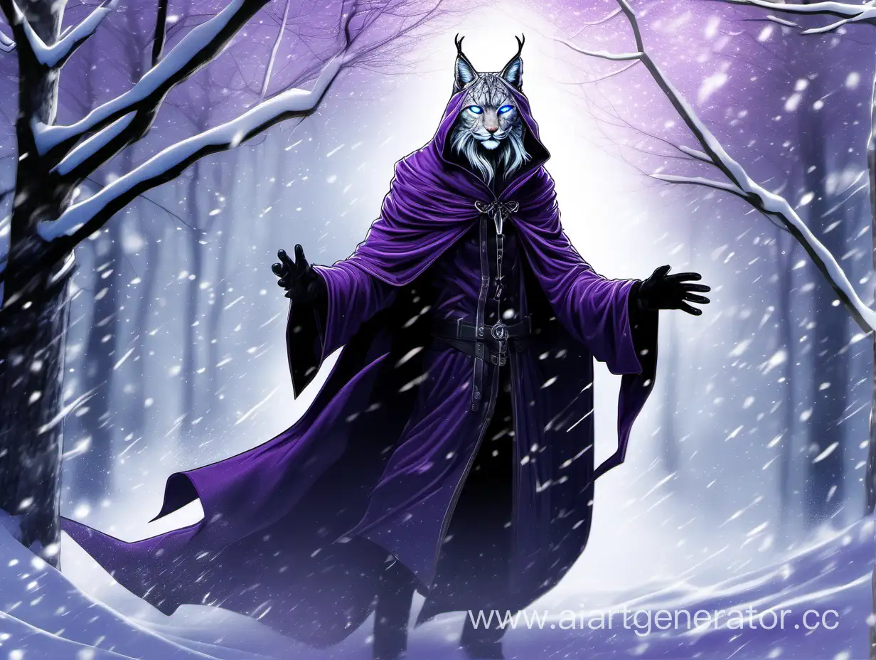 Рысь, гуманоид, снег на заднем фоне, Мужчина, пурпурные глаза, в руках магия, в полный рост, чёрная мантия, капюшон на голове