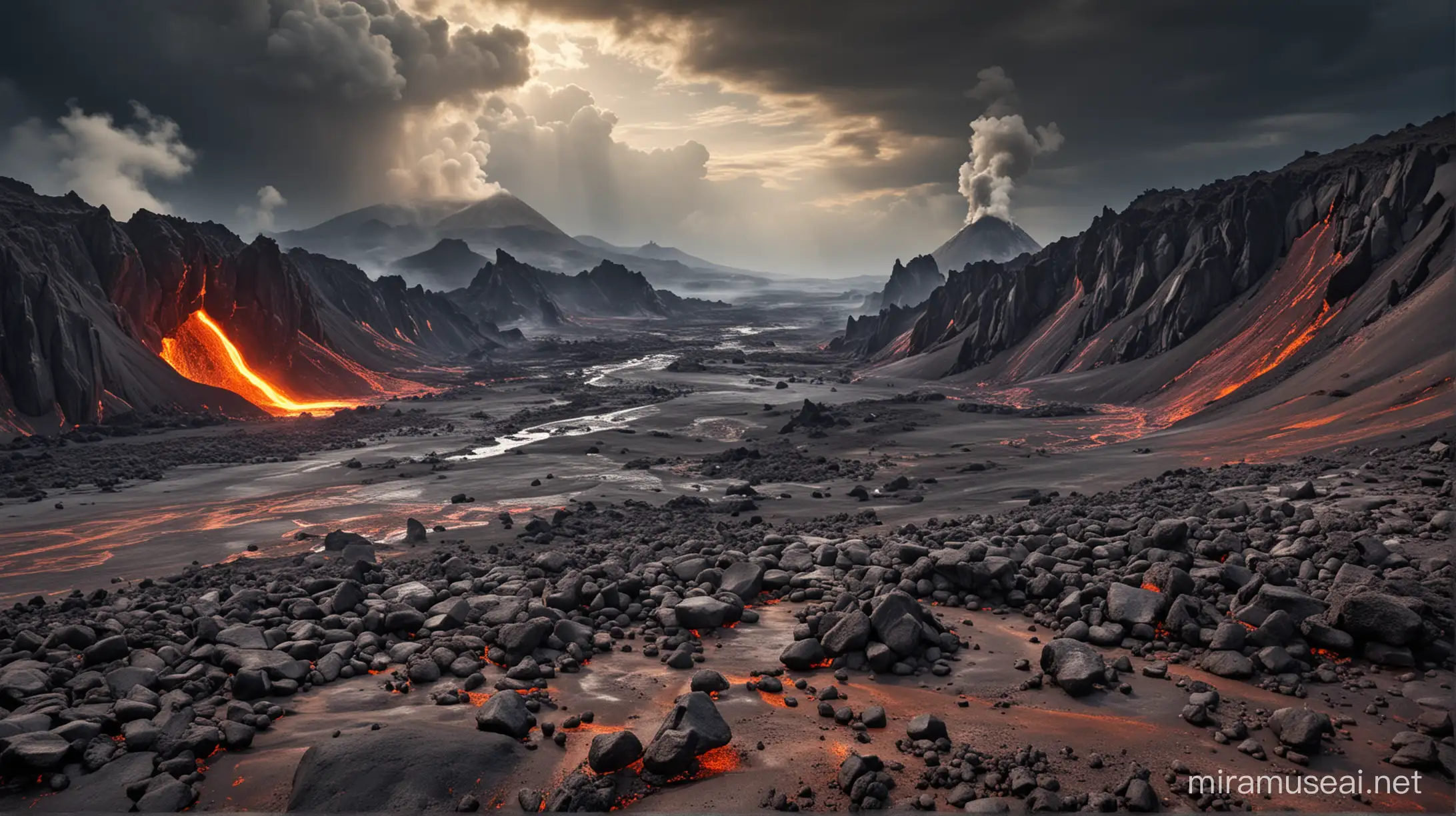 Dramatically Volcanic Landscape with Erupting Volcano and Lava Flow