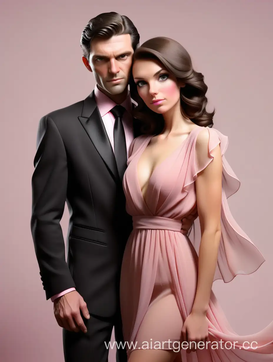 Брюнетка в розовом шифонов платье и мужчина в черном костюме
