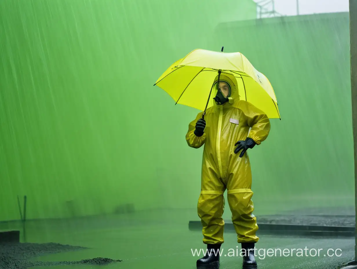 человек в советском костюме химзащиты держит зонт в правой  руке и стоит под кислотным зелёным дождем
