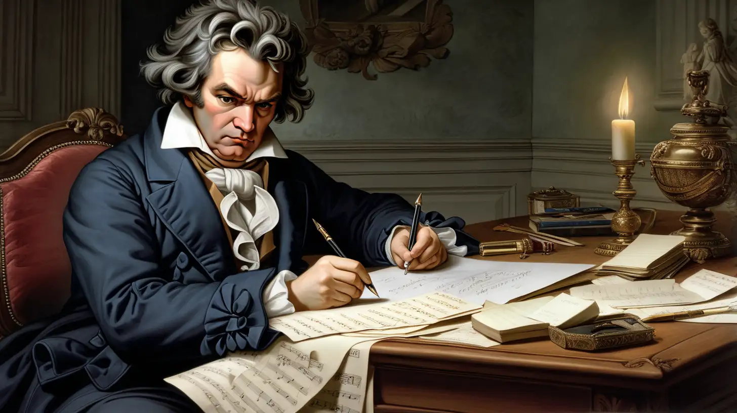 Людвиг ван Бетховен сидит за столом и пишет ноты пьесы Лунная соната 