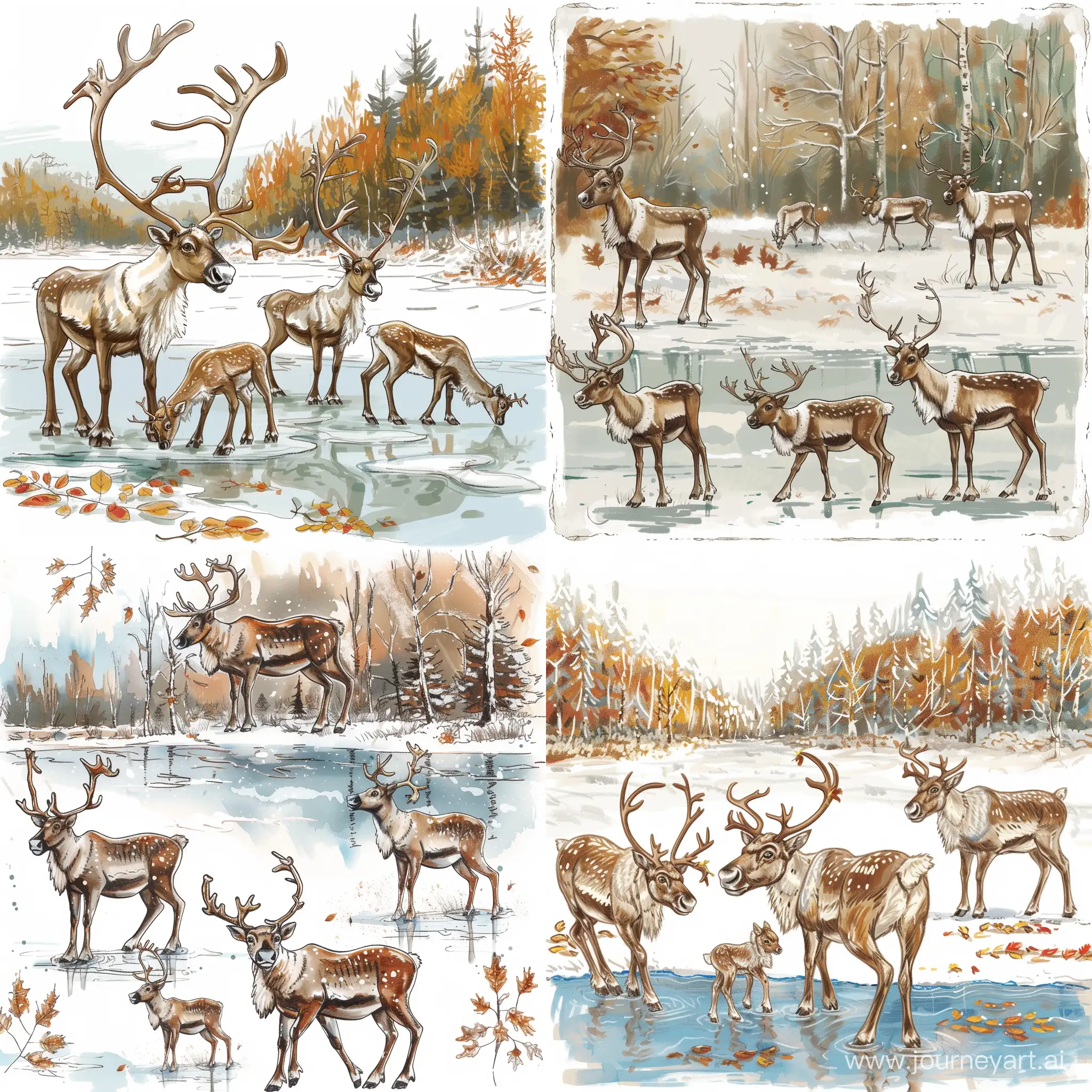 Draw five reindeer and two fawns in different poses in sketchbook sketch style, quick sketch stylea lake covered with ice, the first frosts, a snow-covered forest against the background, autumn leaves are visible, but the first snow fell, the ice on the lake is transparent, 2D drawing style