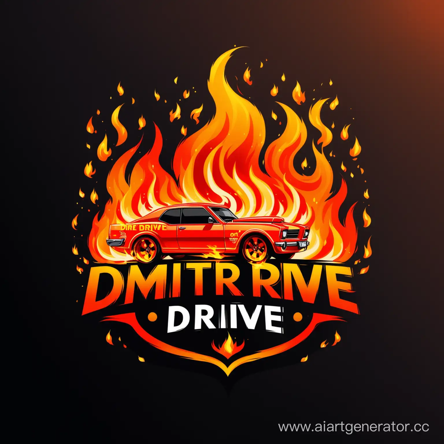 логотип для компании по детейлингу машин "Dmitriy Drive" с огнем вместо буквы i в слове Drive или полностью в огне