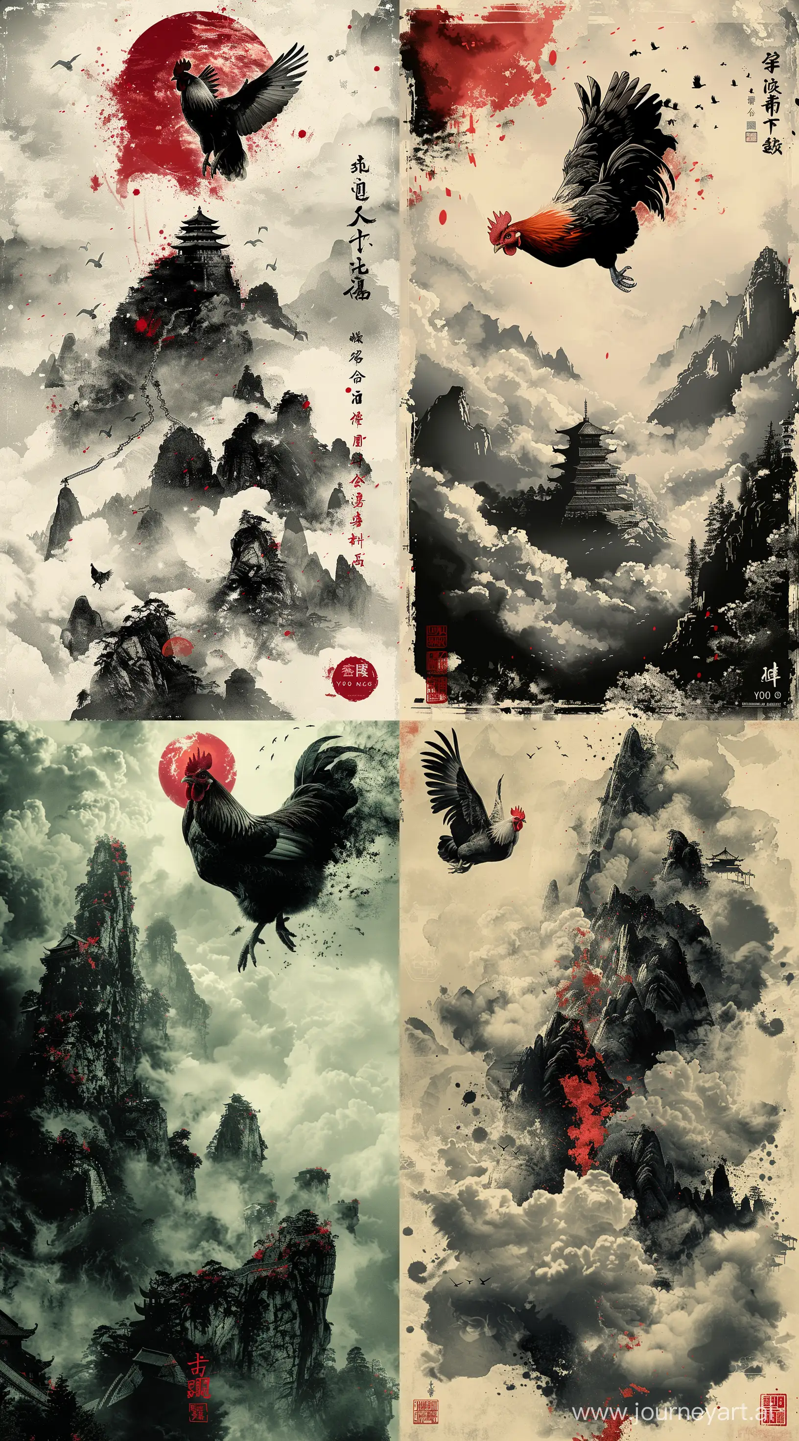 a chicken flying over the top of a chain of mountains and clouds, movie poster, character in black, white and crimson, in the style of yoh nagao, light-focused --ar 71:128 --stylize 750 --v 6
