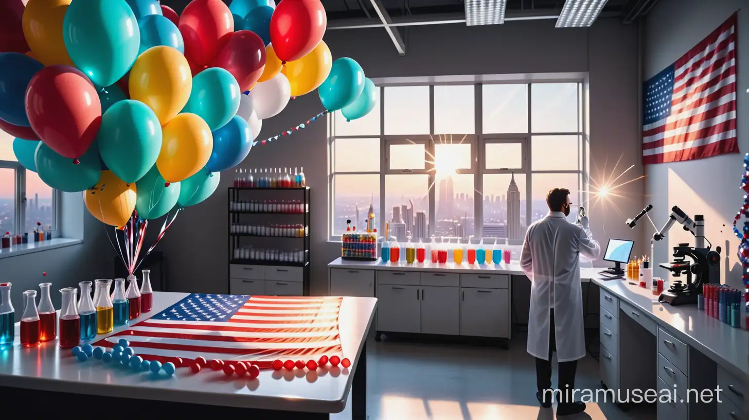 wide background.  no people. party balloons.  lab. superhero scientist lab. clinical laboratory.  microscope. technology. futuristic. creative. fun. fantasy. magical. heaven lights. real USA flag. very detailed. lab. creative. party decoration. government. federal. party decoration. "Lab week 2024". celebration. party. fun. life. 