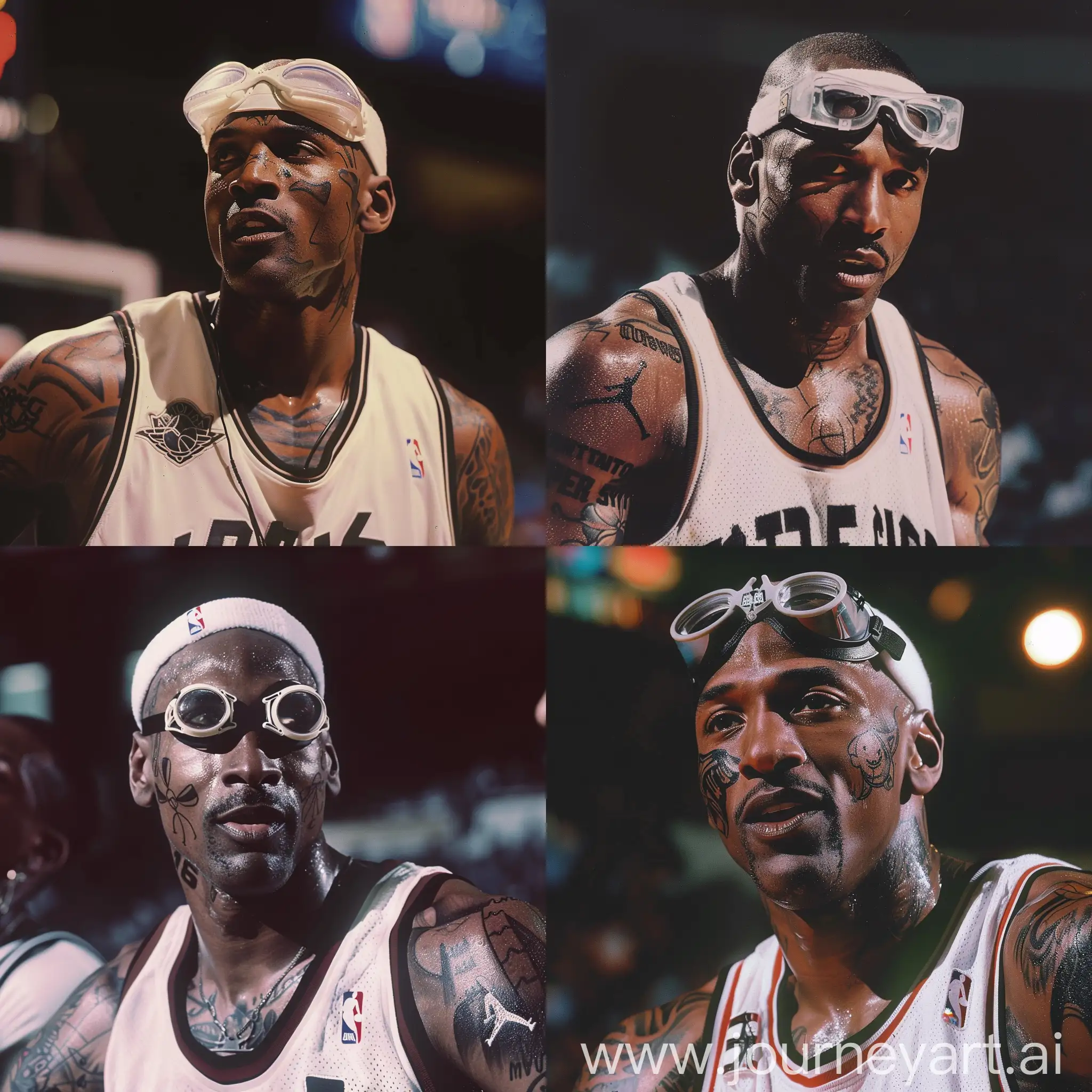 A 1990s Photograph of Michael Jordan,With Full body tattoos,Talking in a postgame interview,Wearing nba goggles and a White Headband,with a San Antonio Spurs Jersey on.