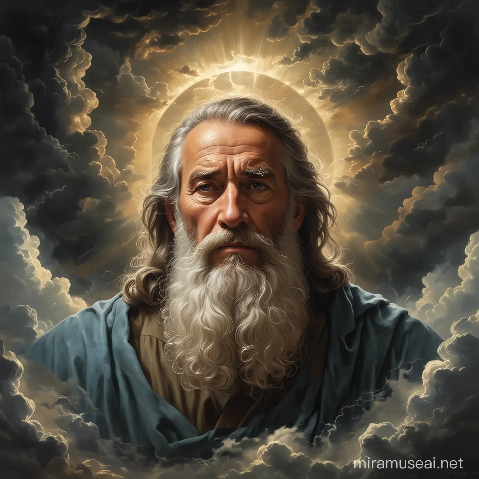 portrait of god the father with dark clouds surrounded