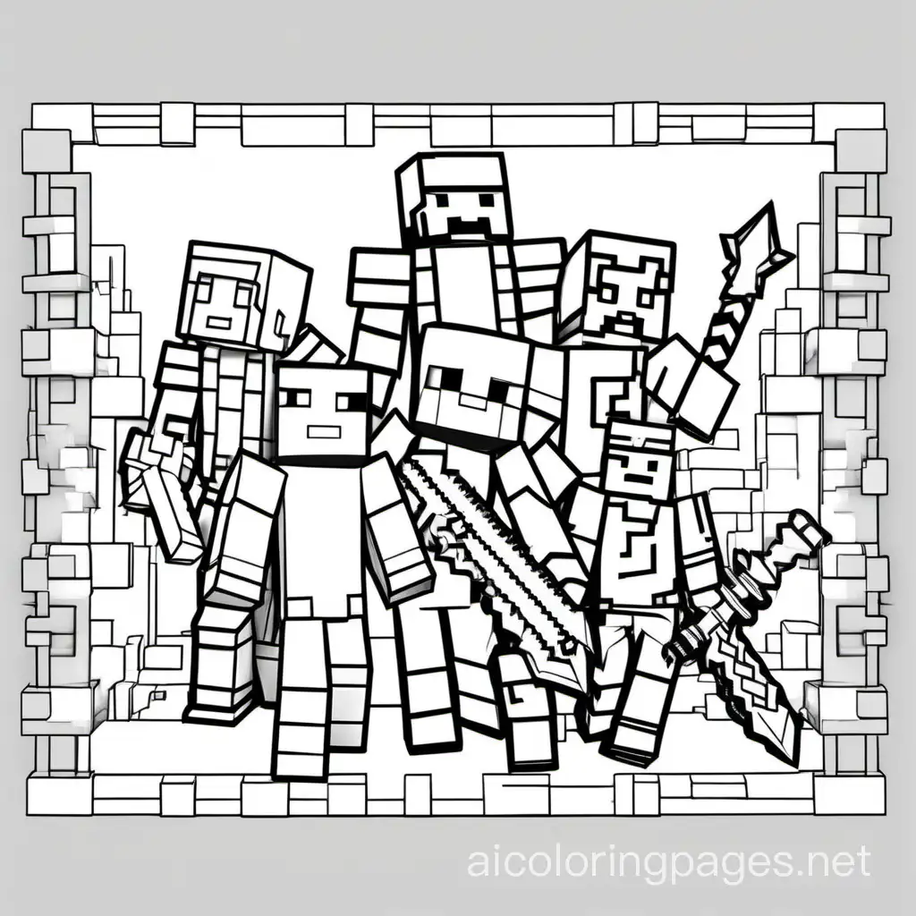 Minecraft, Roblox, Coloring Page, black and white, line art, white background, Simplicity, Ample White Space. The background of the coloring page is plain white to make it easy for young children to color within the lines. The outlines of all the subjects are easy to distinguish, making it simple for kids to color without too much difficulty