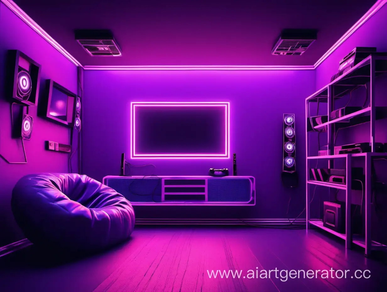 неоновая комната в фиолетовых цветах с игровой консолью 