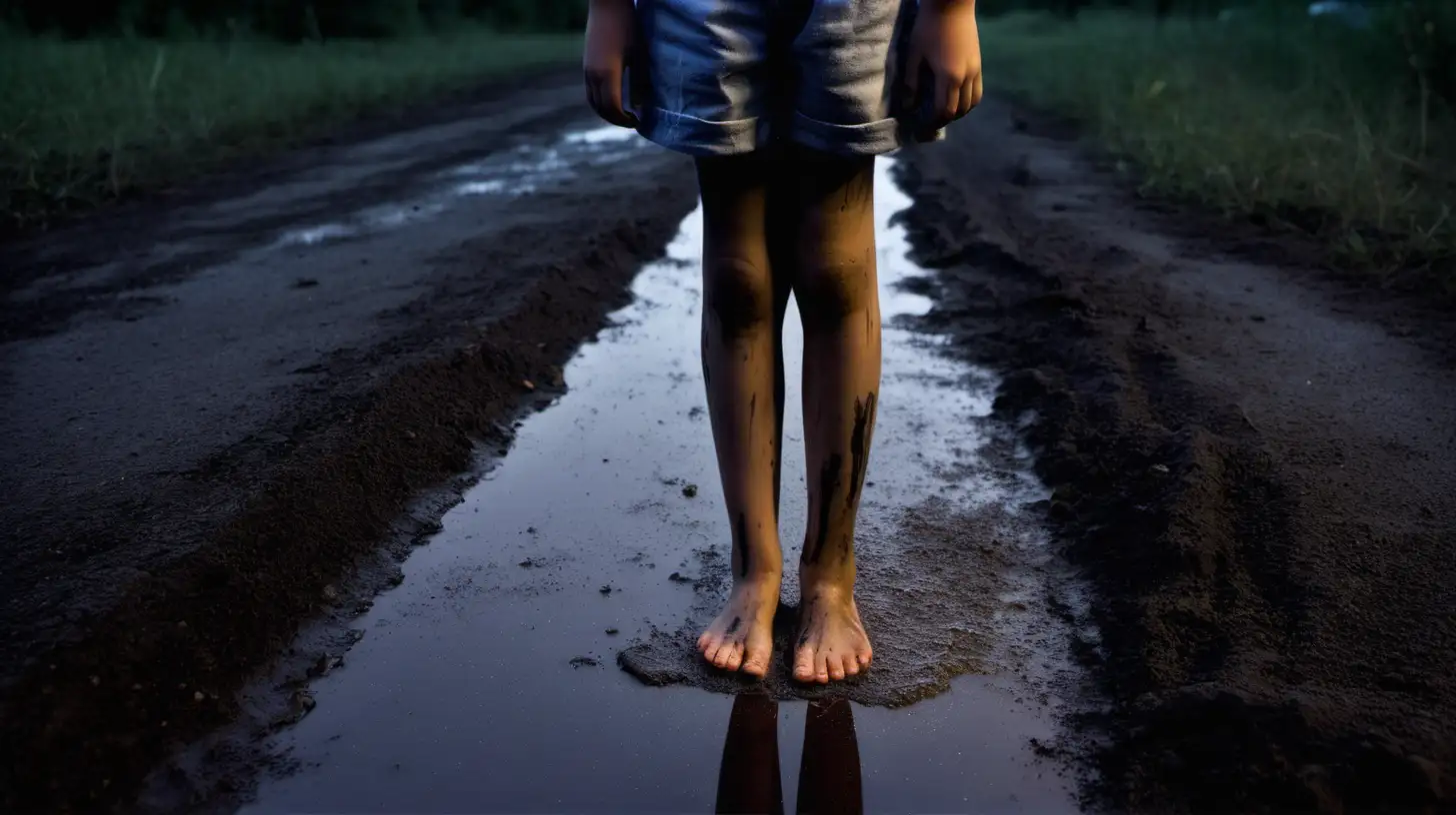 Haunted 13yo girl standing barefoot in a puddle on a dirt road, dark spotlight