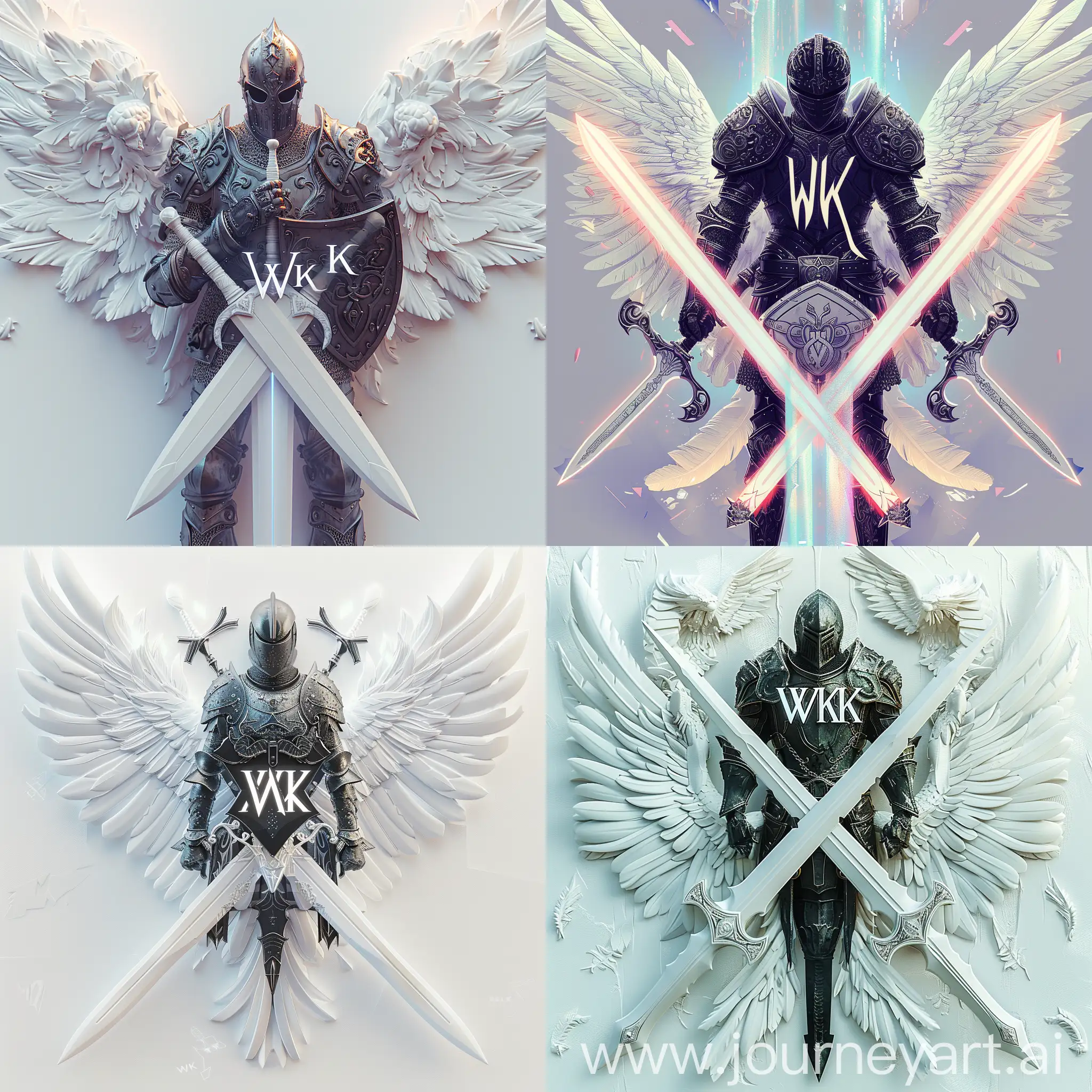 cool color palette, holography, логотип "WK", где буквы "WK" стилизованы в форме двух переплетающихся мечей с орнаментами на лезвиях, белые мечи, белые крылья, между мечами изображен черный рыцарь в боевой позе держащий в руках щит и меч, рыцарь представлен в доспехах с символикой, отражающей его мощь и благородство, цветовая гамма белый мечи, черный рыцаря, готический шрифт "WK" в форме мечей, --quality 3 --s 300