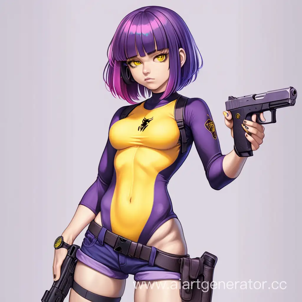 digital art, a girl with purple hair, yellow eyes, in shorts and a tight bodysuit with a gun, full height