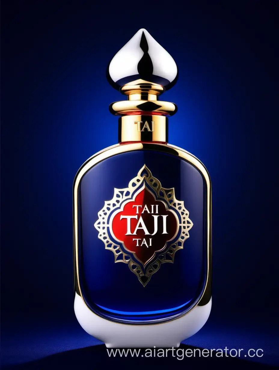 A luxurious Dark Blue Red and white double layers perfume with a elegant zamac cop ((taj text logo))