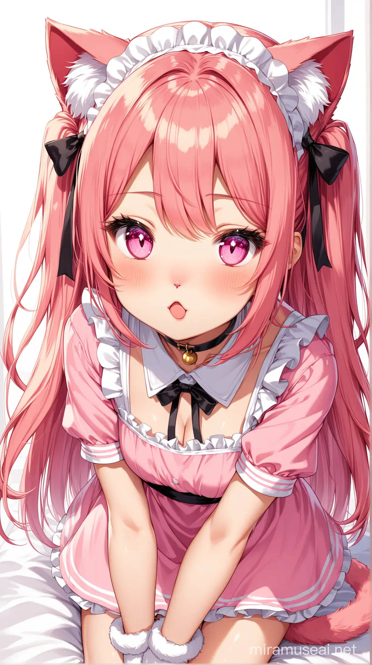 ((Inui Sajuna)), 1girl, High-quality anime illustration of cute cat girl, ((pink fluffy cat ears)), ((pink long and fluffy cat tail)), ((tail up)), ((light peach pink hair)), straight long hair down, ((two side up)), black hair ribbons, hair between eyes, ((pink eyes:1.3)), wearing a pink maid uniform, detached short sleeves, tiny cat-shaped neck bell, choker, ultra detailed hair, high detailed eyes, 16k, hd, high resolution, best quality, cute, (looking at viewer), petite body, cat mouth:1.3), (:3), (single), white background, ((stoic expression)), upper body, ((masterpiece)), perfect, ((large cat-shaped eyes)), ((long and thick lashes)), lower lash, ((slit pupils:0.9)), bright pupils, white thigh high stockings, nyandere, from above, POV, light erotic, wrist cuffs, sitting, thighs, wariza, POV headpat, flustered, embarrassed, kawaii, cute design, ((viewer is petting her head)), hand