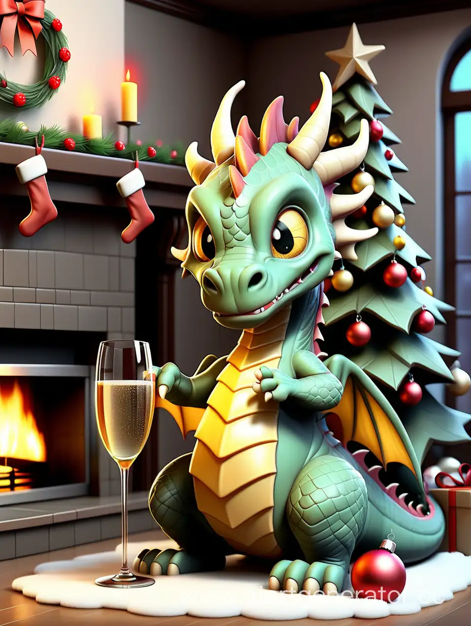Festive-Christmas-Tree-Decor-and-Dragon-Cheers-with-Champagne