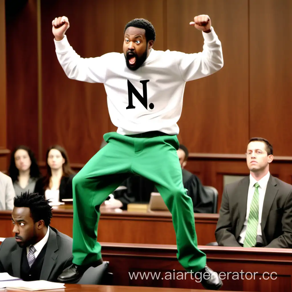 Чёрный парень с бородой, зелёными штанами и чёрной буквой "N" на белой кофте прыгает на судью в суде в попытке ударить судью