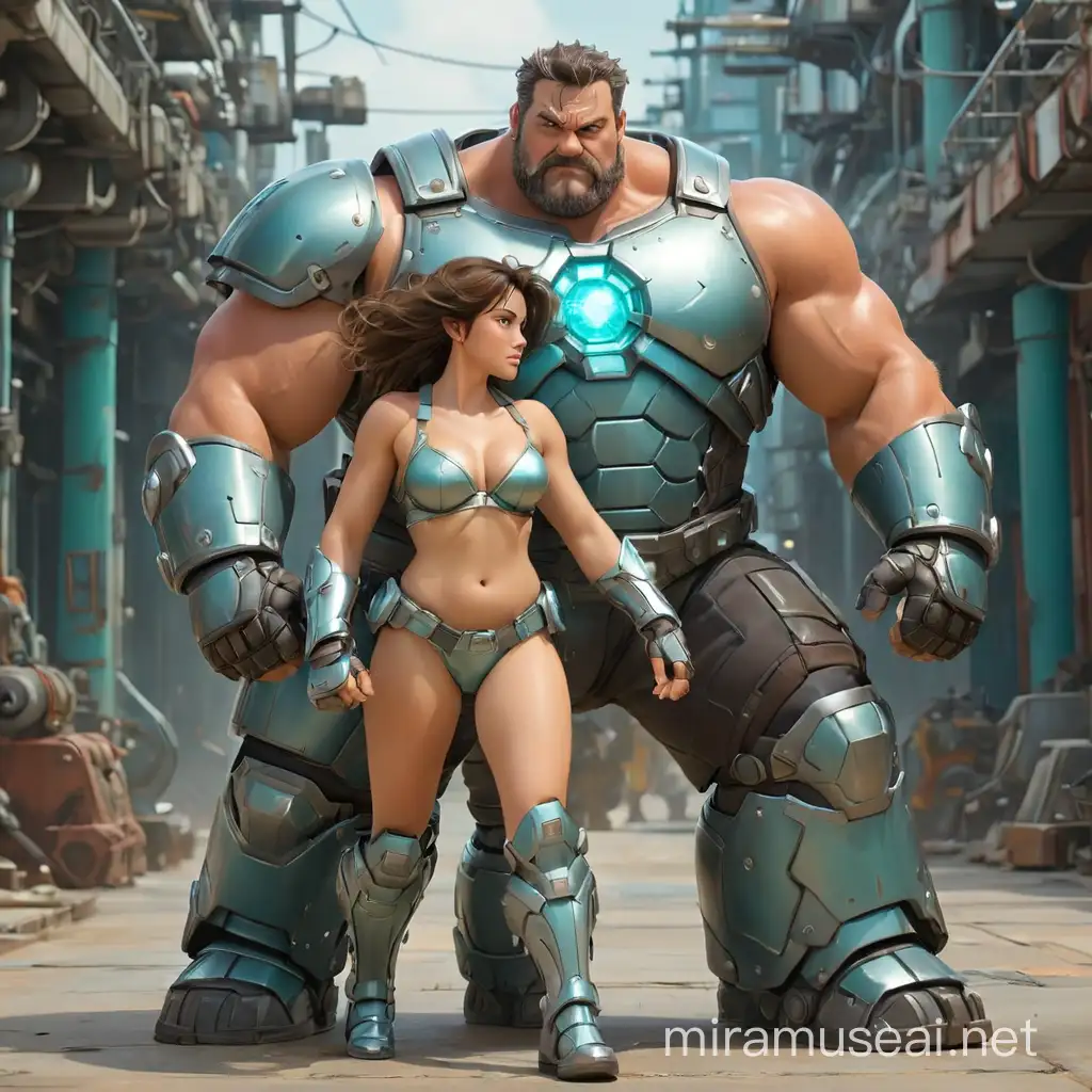 Dad and adult daughter couple kissing, Handsome mature beefy man,with big fat pot belly ,fighting along with his adult daughter, hot handsome, sexy,  beautiful, shirtless, hairy body ,hairy chest, oiled up, body glistening, wearing futuristic  a mech battle gauntlet,chest armor, leg and thigh armor, with aquamarine white and silver details, background of futuristic high tech city