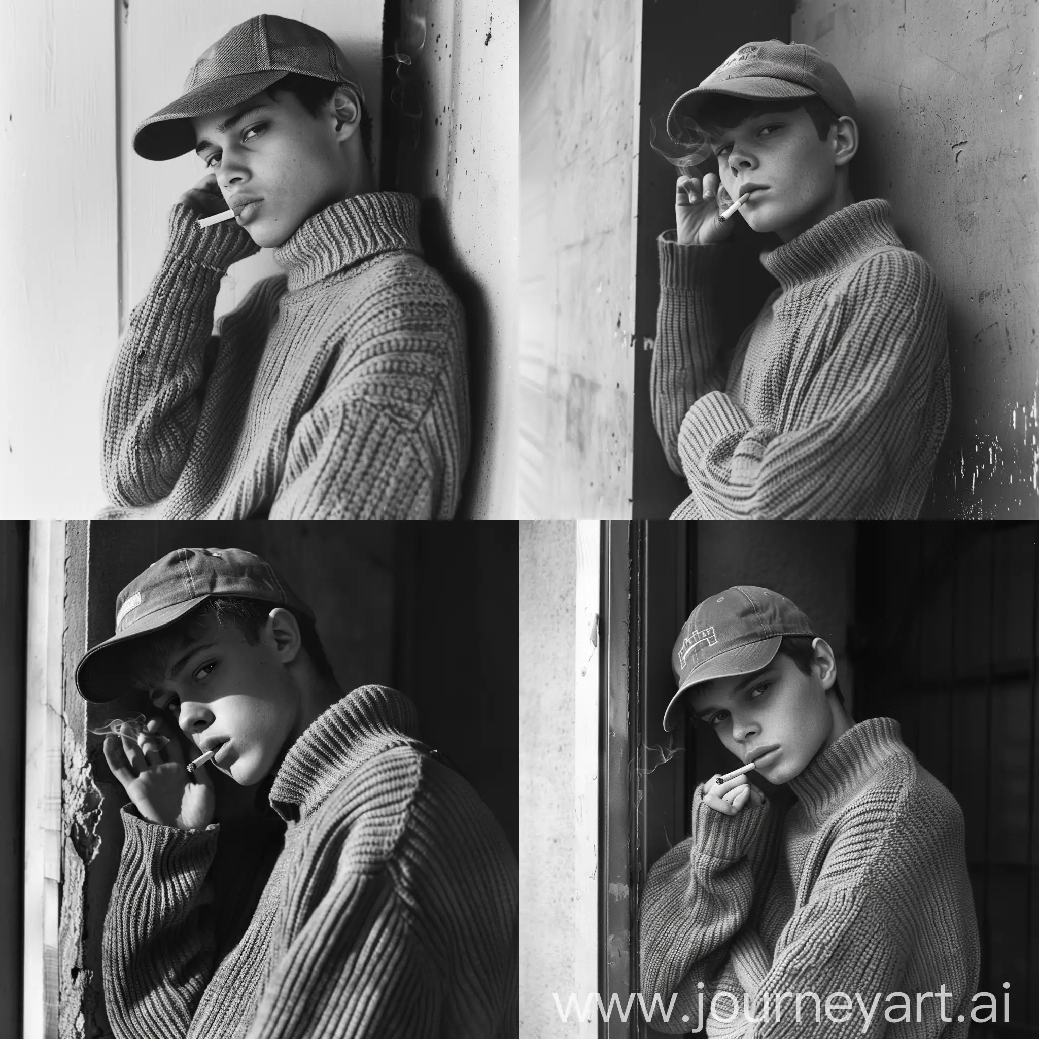 Young-Man-in-Baseball-Cap-Smoking-Cigarette-Against-Wall