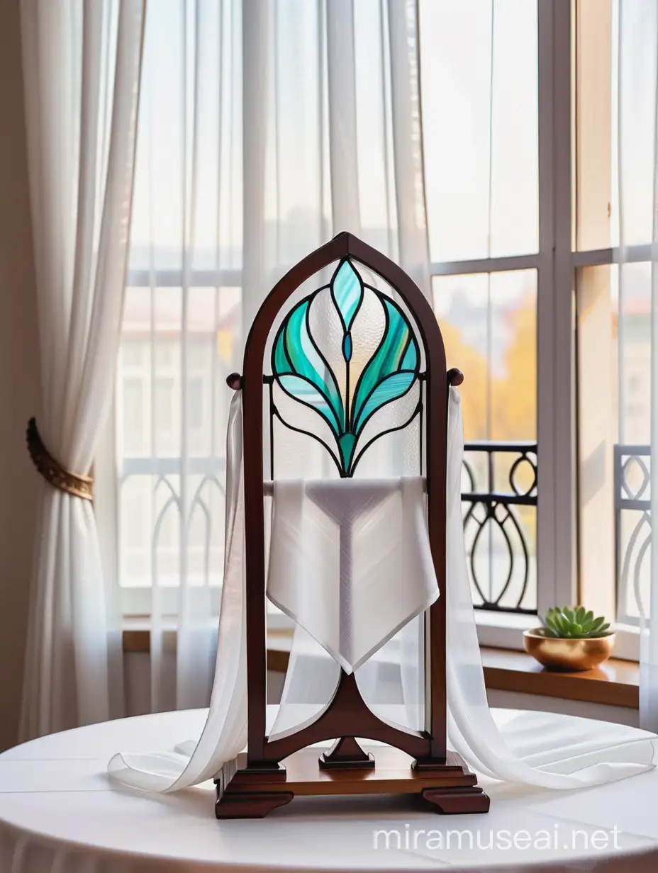 Stained Glass Tiffany Napkin Holder on Elegant Art Nouveau Table with White Organza Curtains