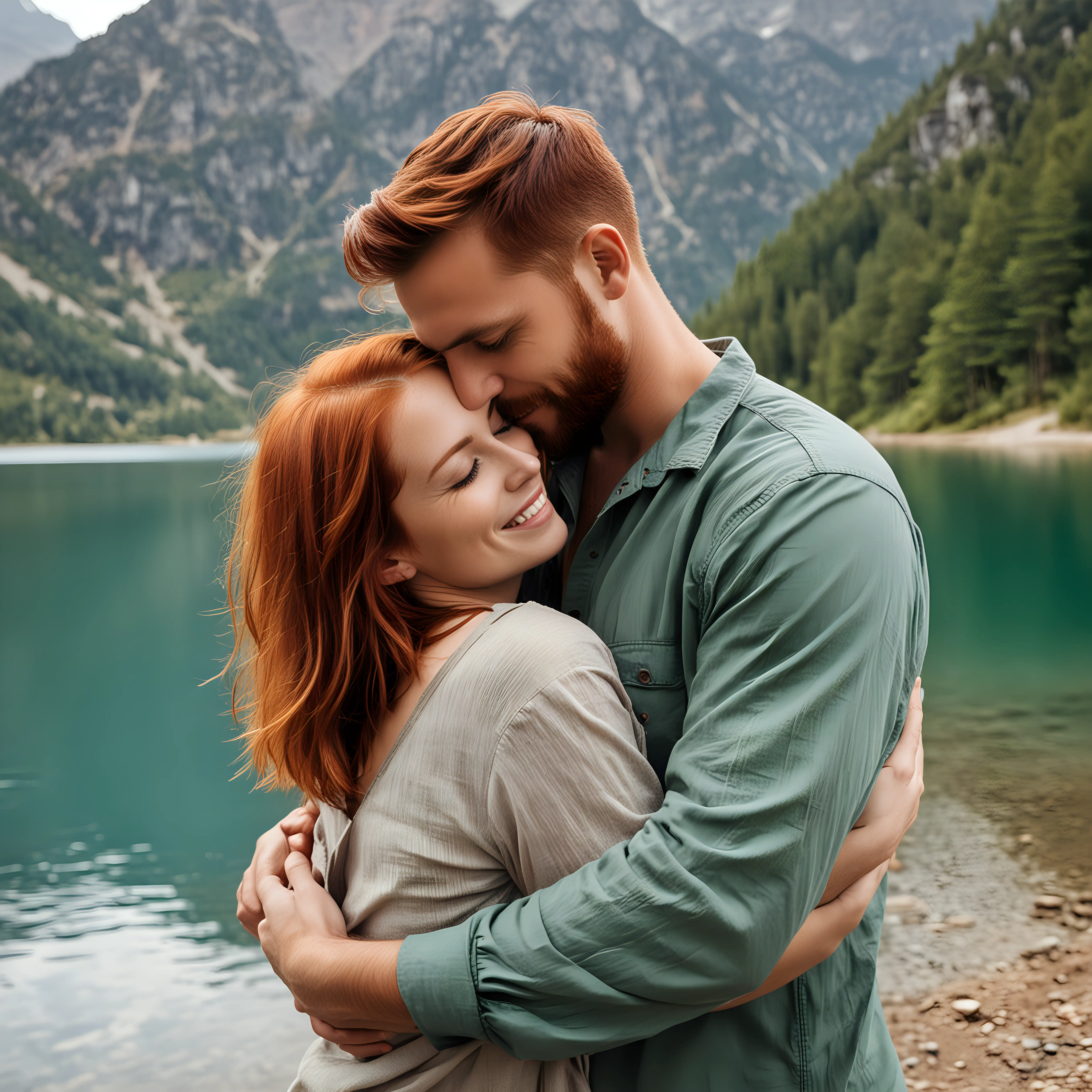 woman with red hair, man with a short beard and short brown hair hugging by a mountain lake
