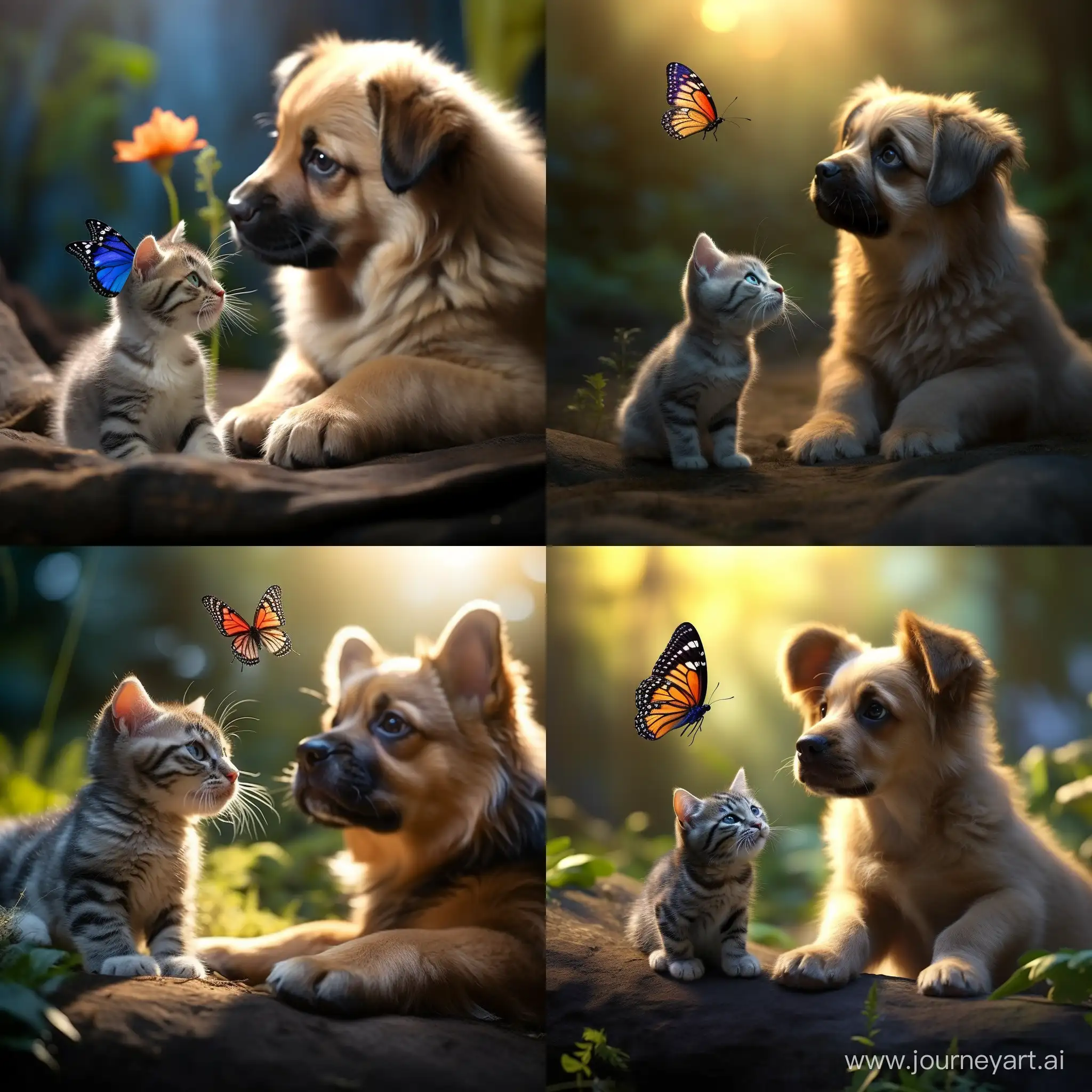 Adorable-Kitten-Sitting-on-Little-Dog-with-Butterfly-Realistic-4K-HD-Photo