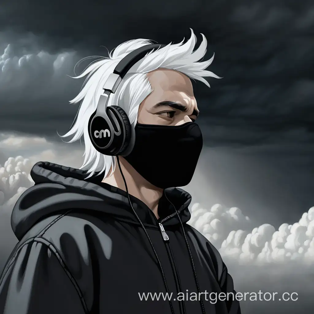 Человек с белыми волосами, в капюшоне, в наушниках, в маске, на фоне черных облаков 