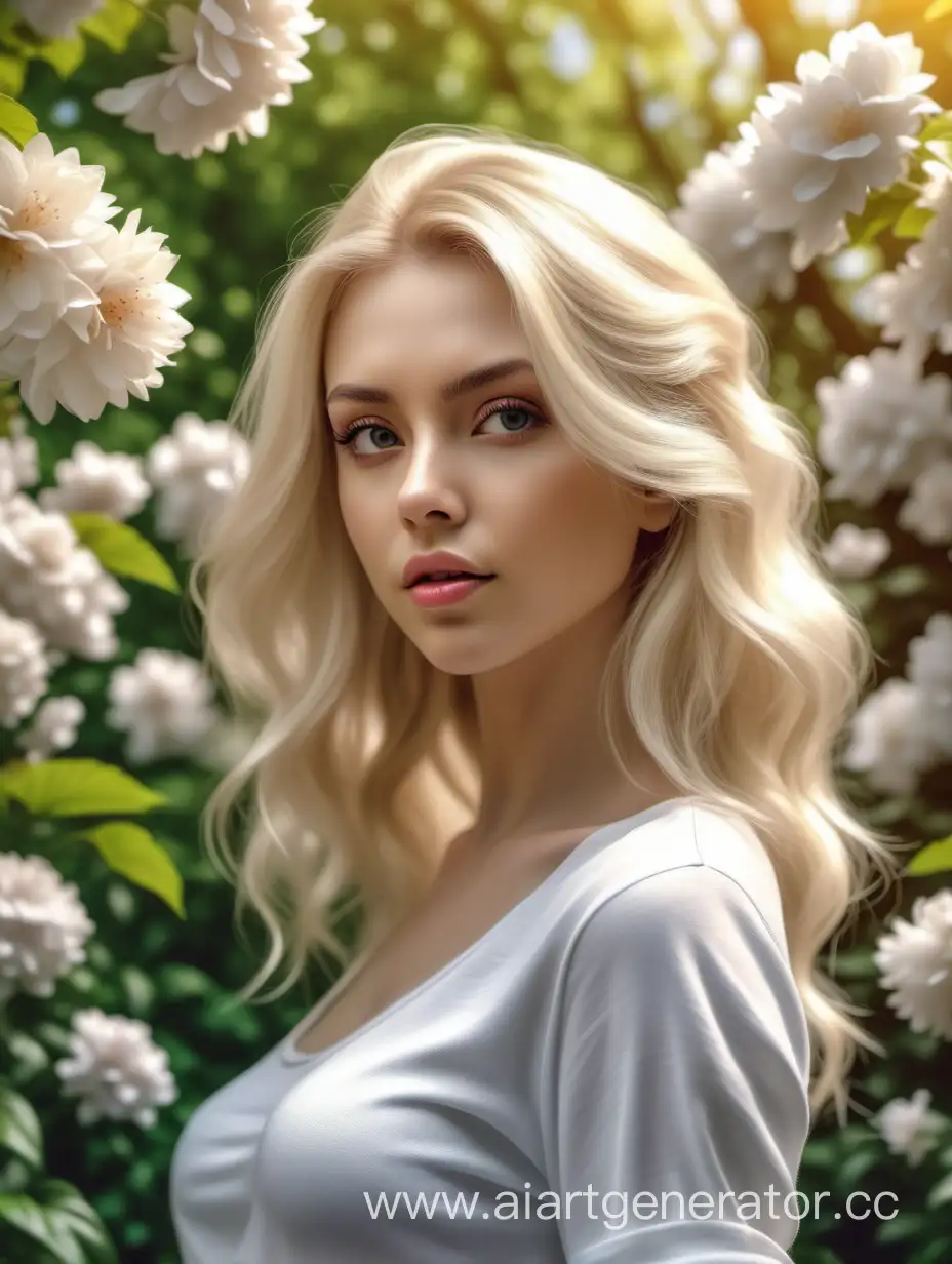Блондинка на фоне цветущего сада, фотореалистично, 4k