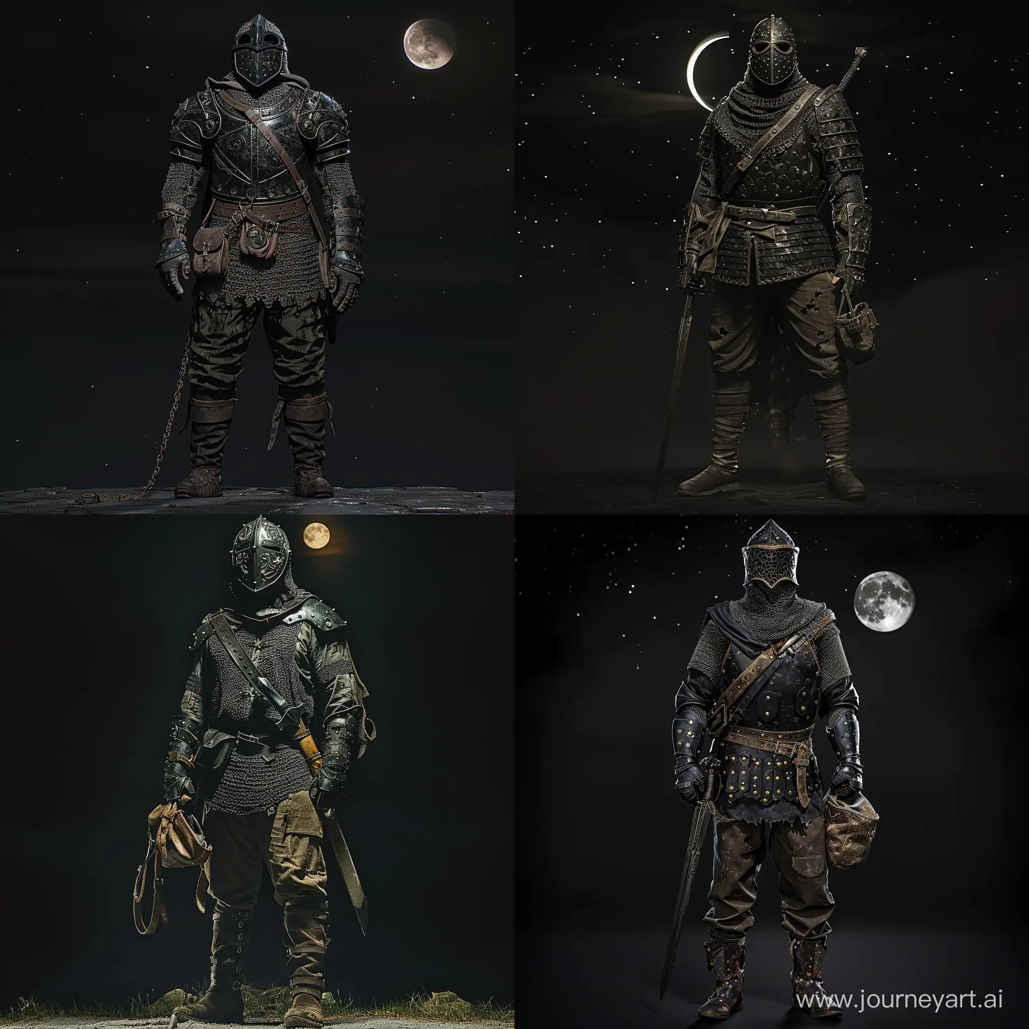 a man wearing,  a heavy, metal-plated armor set in dark tones like black or charcoal, Layered over a chainmail shirt or gambeson for added protection, Pair with fitted trousers in a muted color like dark brown or olive green, Choose sturdy leather boots with metal reinforcements and thick soles, Accessorized with a helm featuring a faceplate or visor, gauntlets adorned with intricate designs, and a broadsword strapped to your back, Carrying a leather pouch, standing under the moonlight ,1970's grimdark fantasy style, gritty, dark, vintage, detailed
